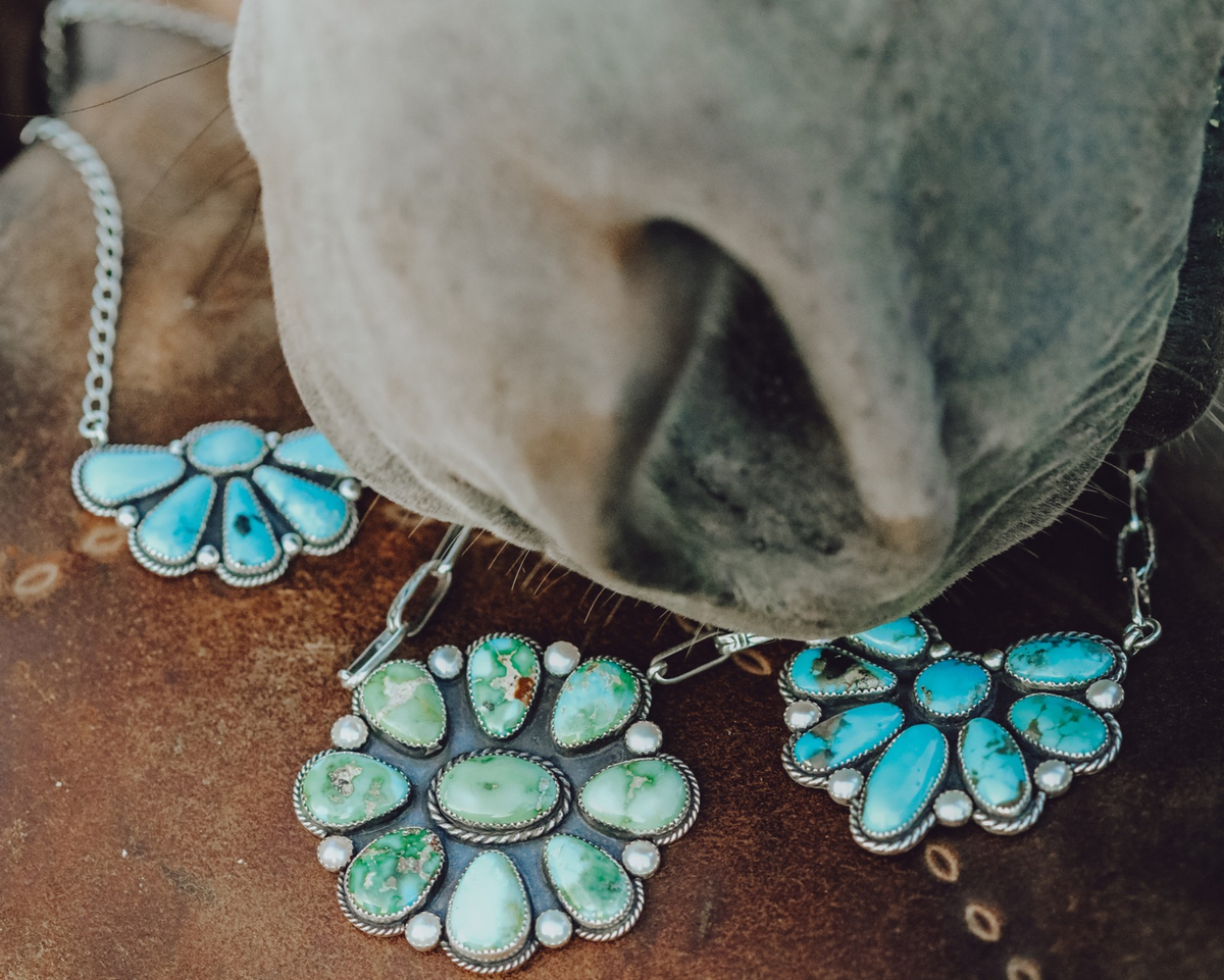 A close-up of a horse's muzzle smelling or curious of a silver-toned necklace with turquoise-blue stones and small sterling silver beads, set against a rustic brown leather background.