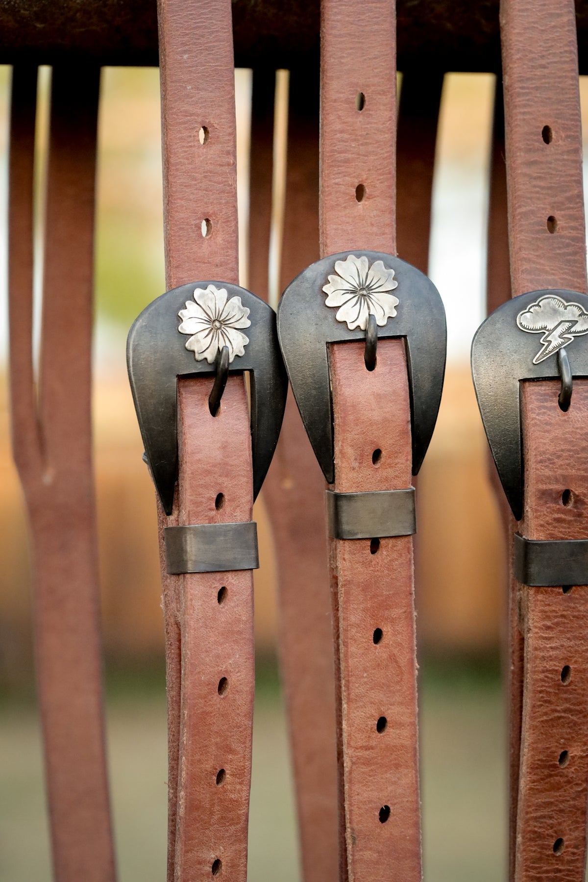 Close-up of three brown leather belts with decorative metal buckles against a blurred background.